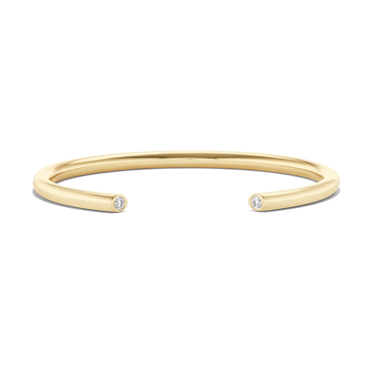 14k solid gold Diamond Cuff Bracelet with diamonds at the ends of an open cuff, in 3mm