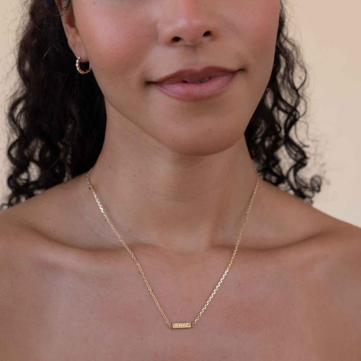 14k solid gold engravable Butter Necklace with a smooth bar pendant