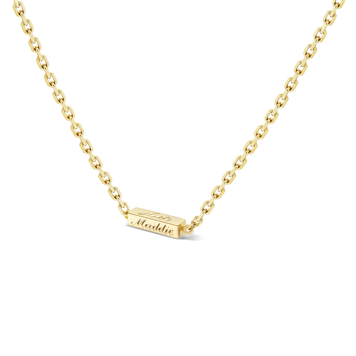 14k solid gold engravable Butter Necklace with a smooth bar pendant