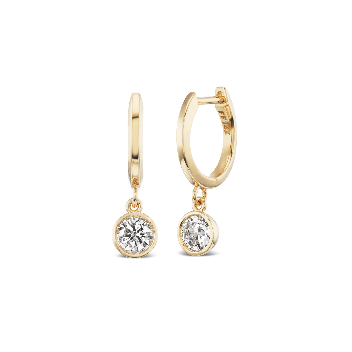14k solid yellow gold Diamond Cutie Huggies with bezel-set drop diamonds