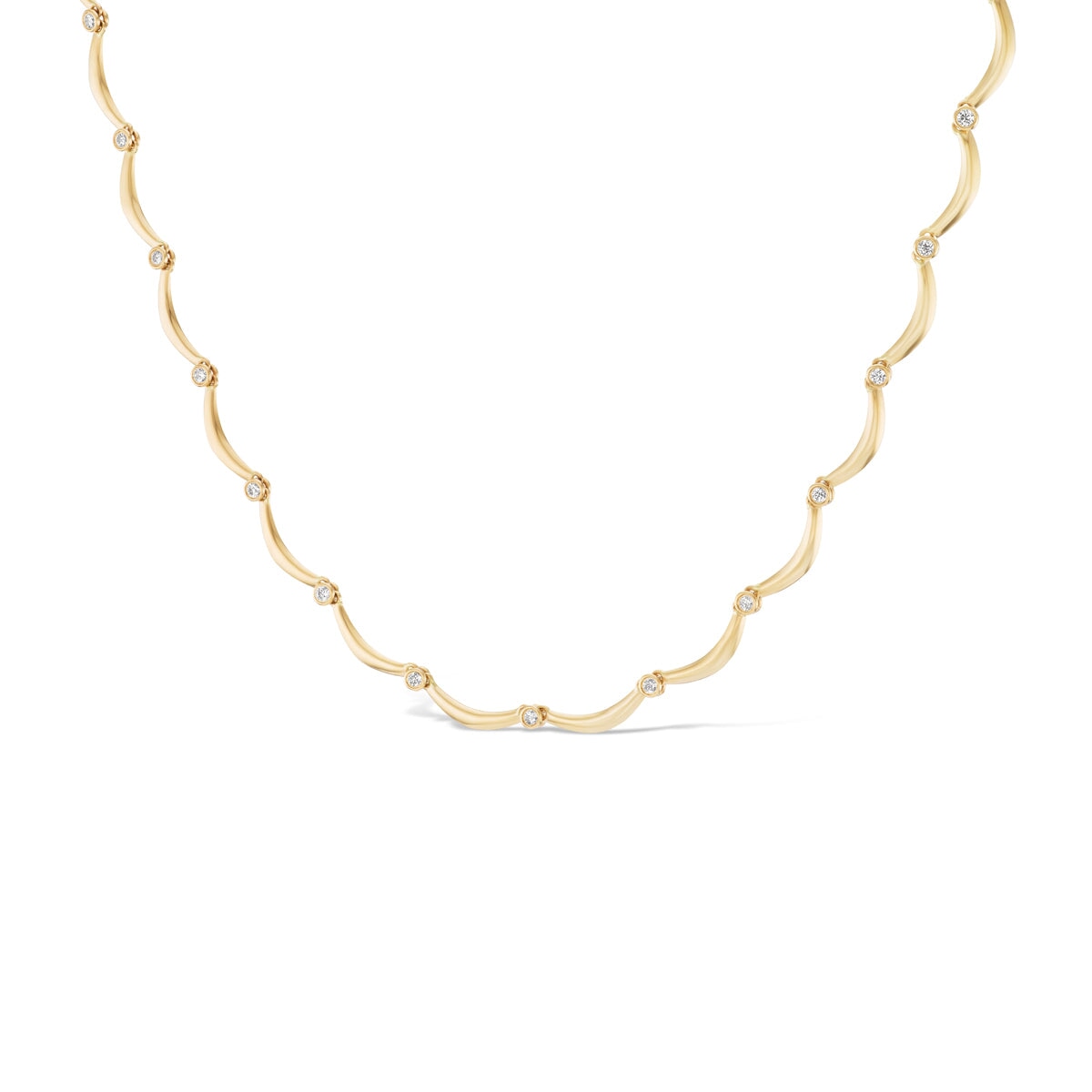 14k solid gold Diamond Coupe Necklace with bezel-set diamonds along the chain