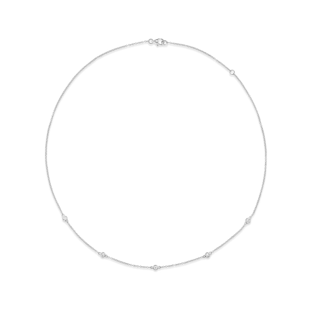 14k solid gold In Line Diamond Necklace with diamonds spaced along the chain