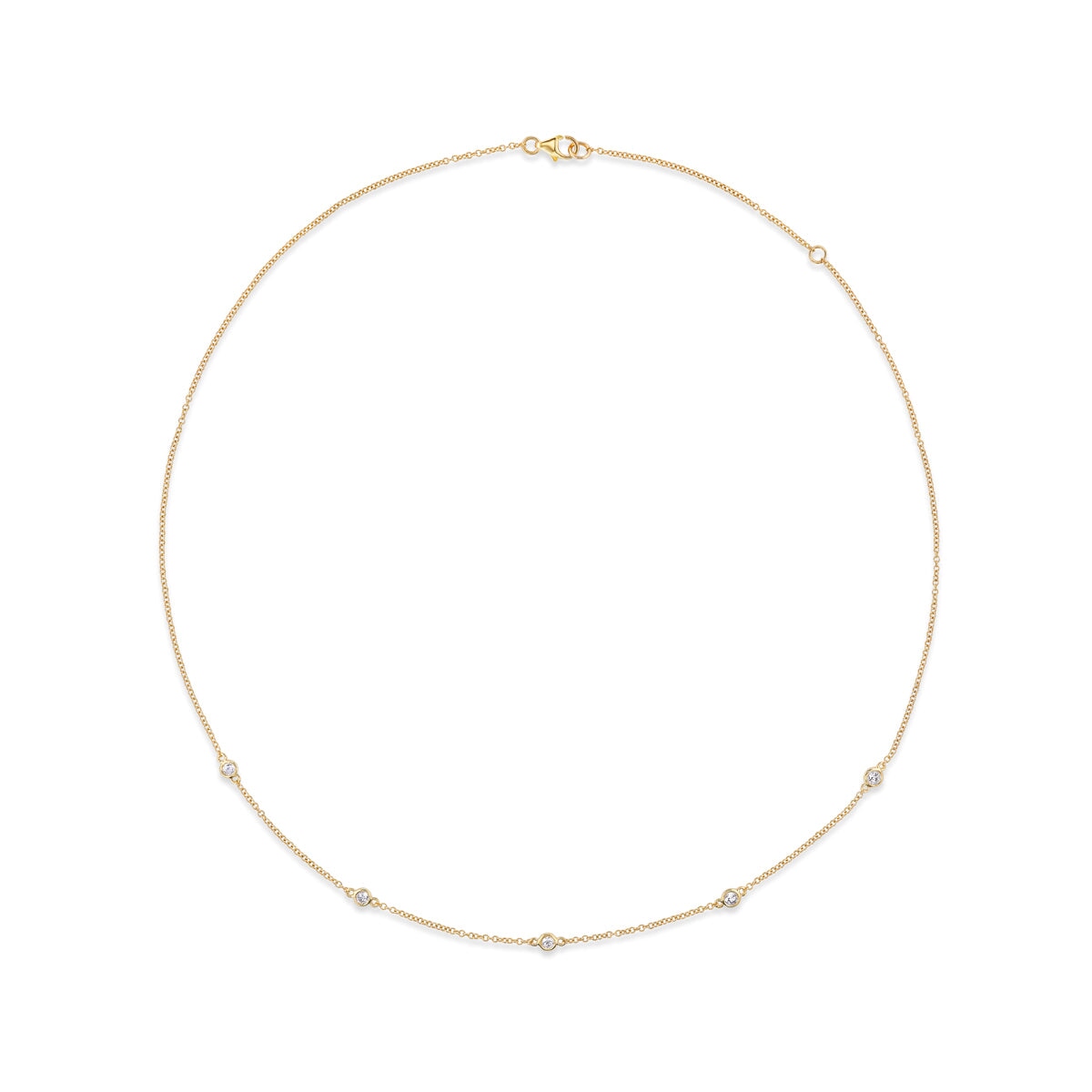 14k solid gold In Line Diamond Necklace with diamonds spaced along the chain