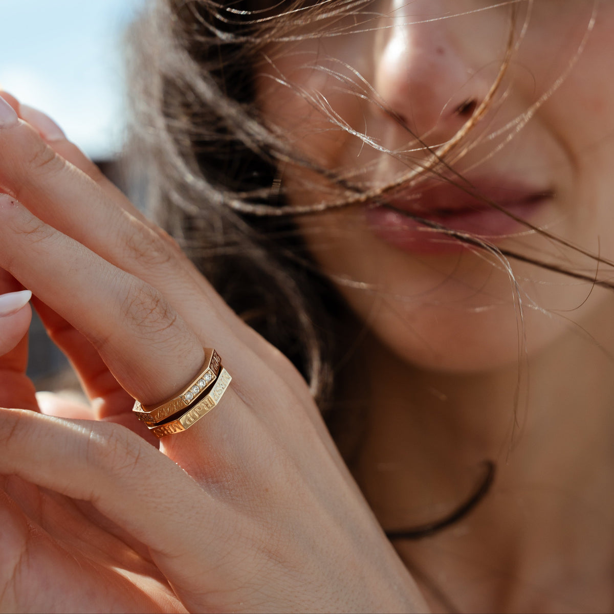 Family rings solid 14k yellow gold with personal hand engraving