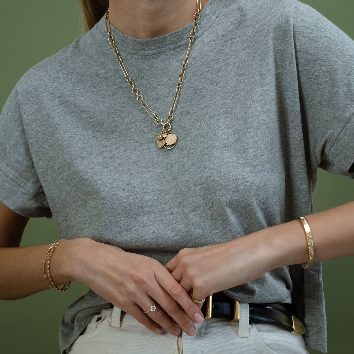 14k solid gold Mixed Link Charm Clip Necklace