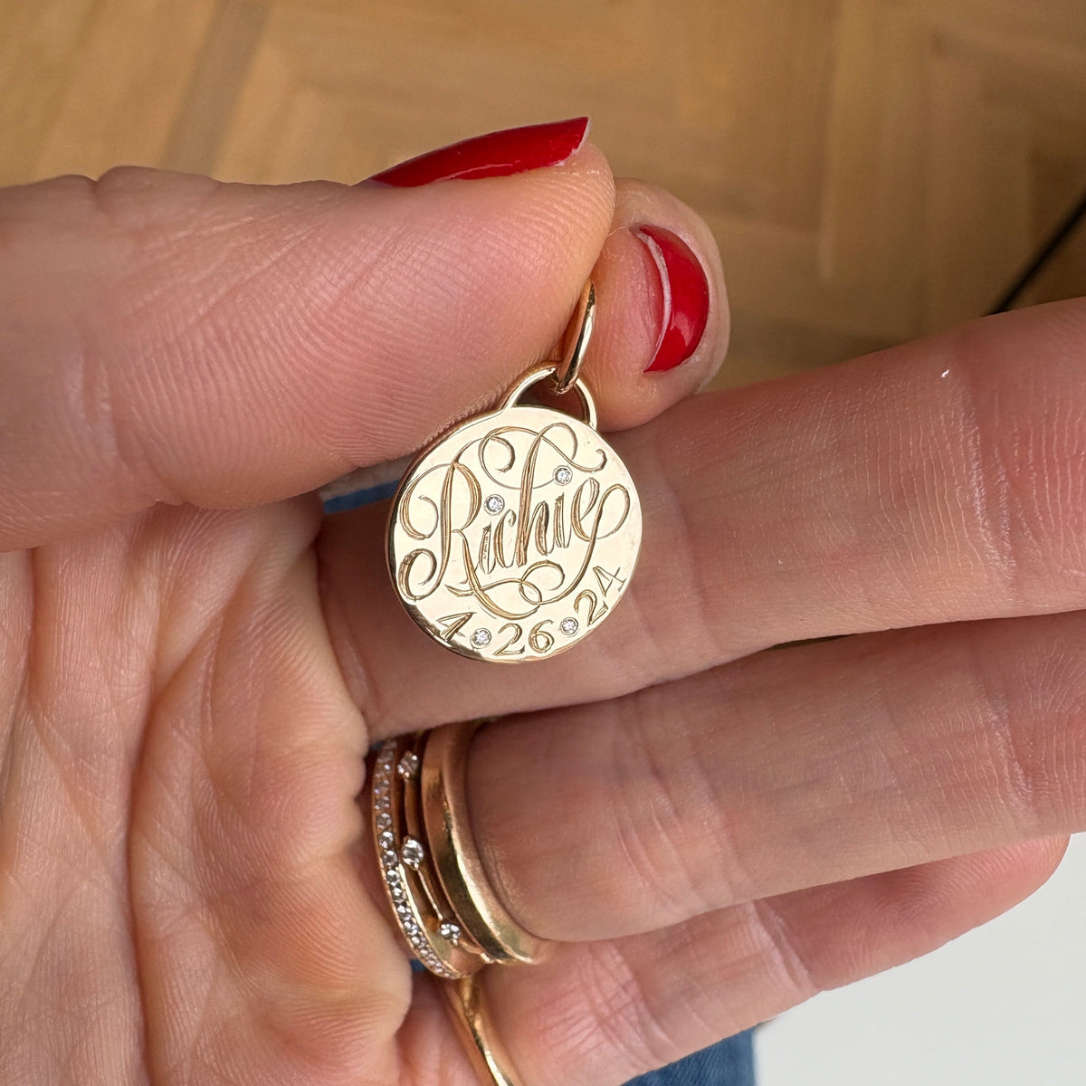 14k solid gold The Name & Date Charm