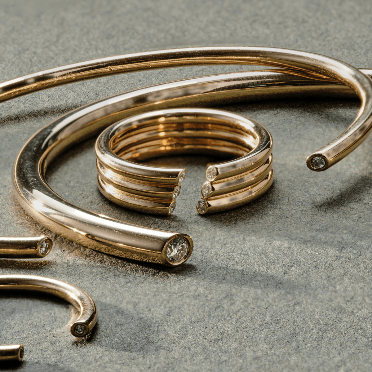 14k solid gold Triple Diamond Cuff Ring with diamonds along an open band