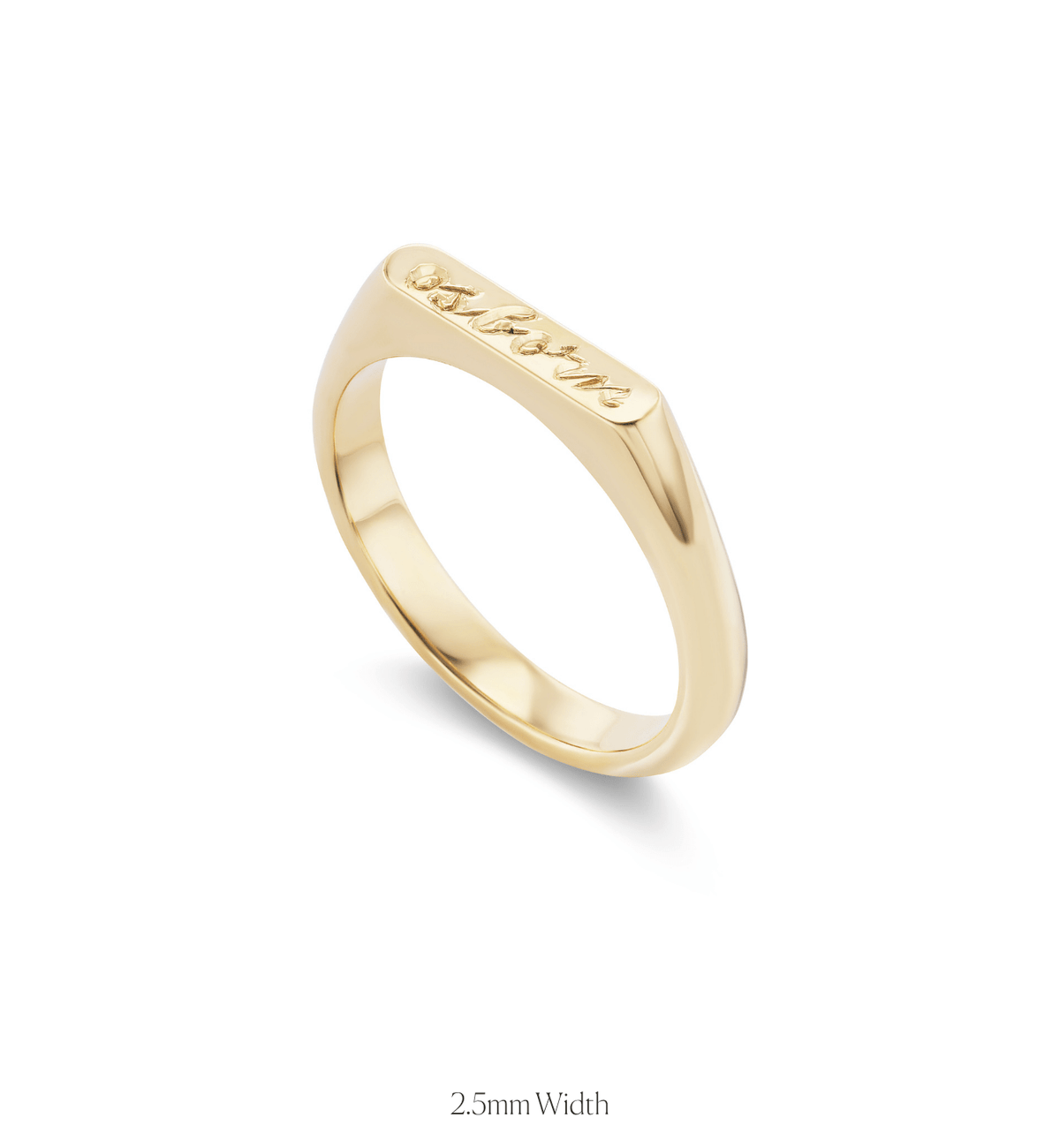 14k solid yellow gold personalized Kismet Signet Ring with custom hand engraving, in 2.5mm