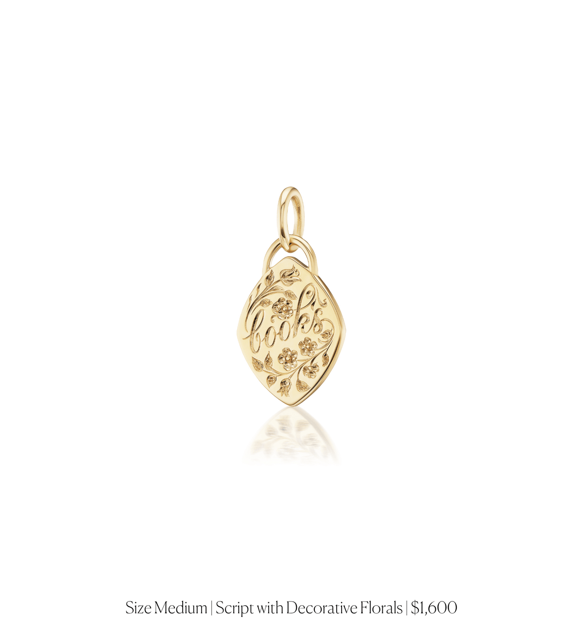 Solid gold charm with personalized hand engraving with script and decorative florals