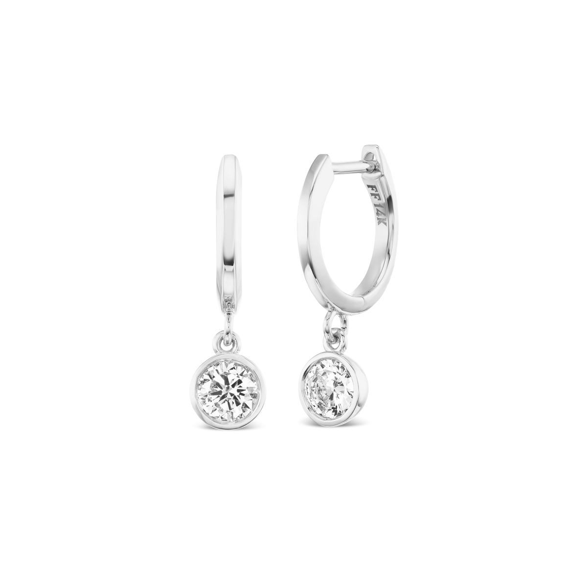 14k solid yellow gold Diamond Cutie Huggies with bezel-set drop diamonds