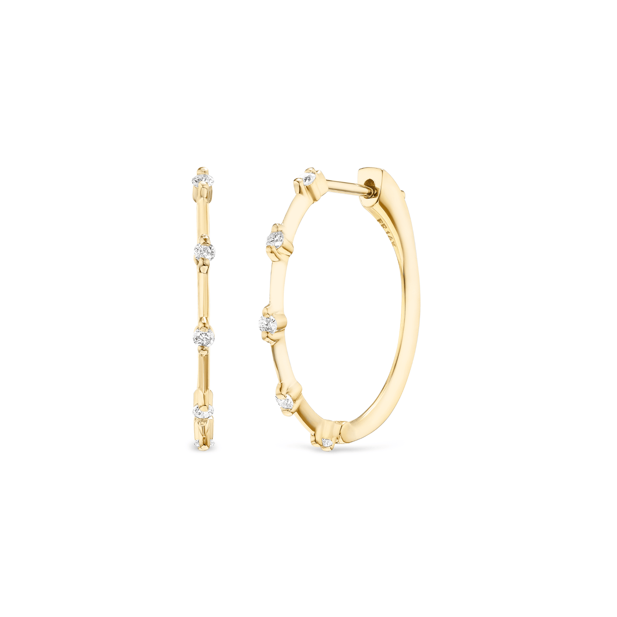 14k solid gold String Lights Hoops with diamonds spaced along the band