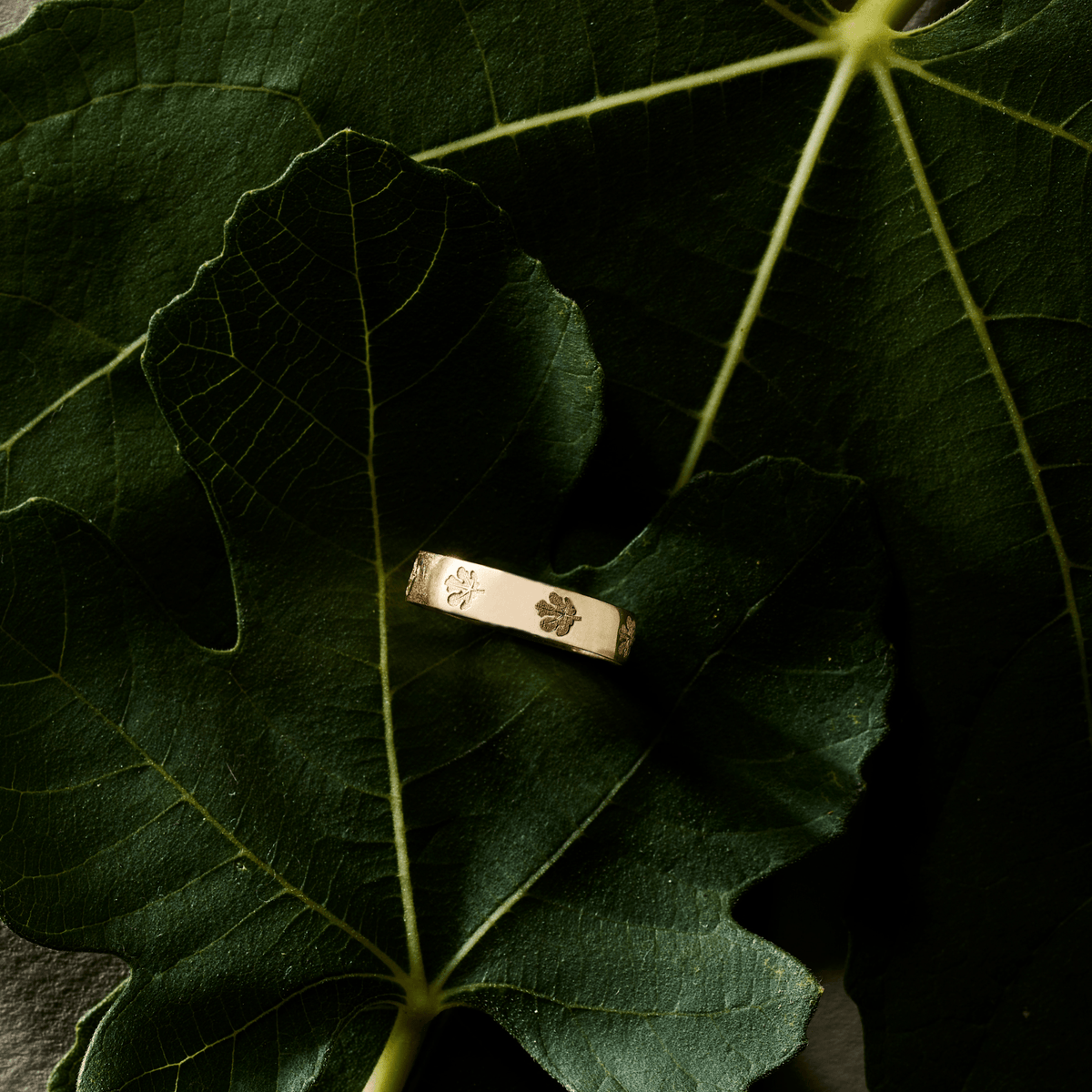 14k solid gold personalized Fig Leaf Ring with custom hand engraving