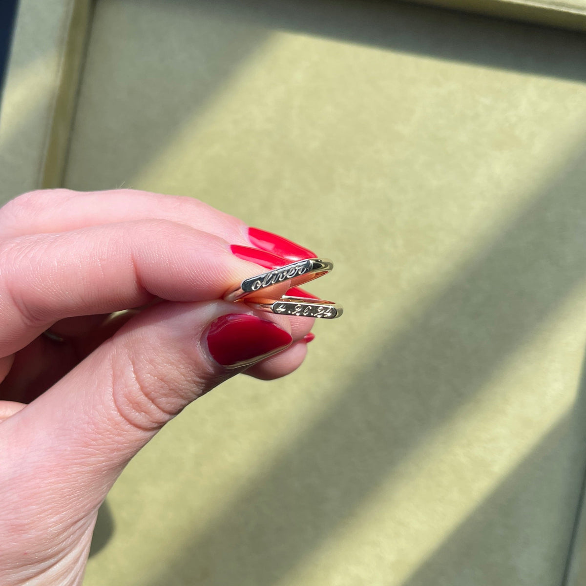 14k solid yellow gold personalized Kismet Signet Ring with custom hand engraving, in 2.5mm