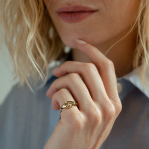 Solid gold marquise shapes signet ring with a hand engraved butterfly