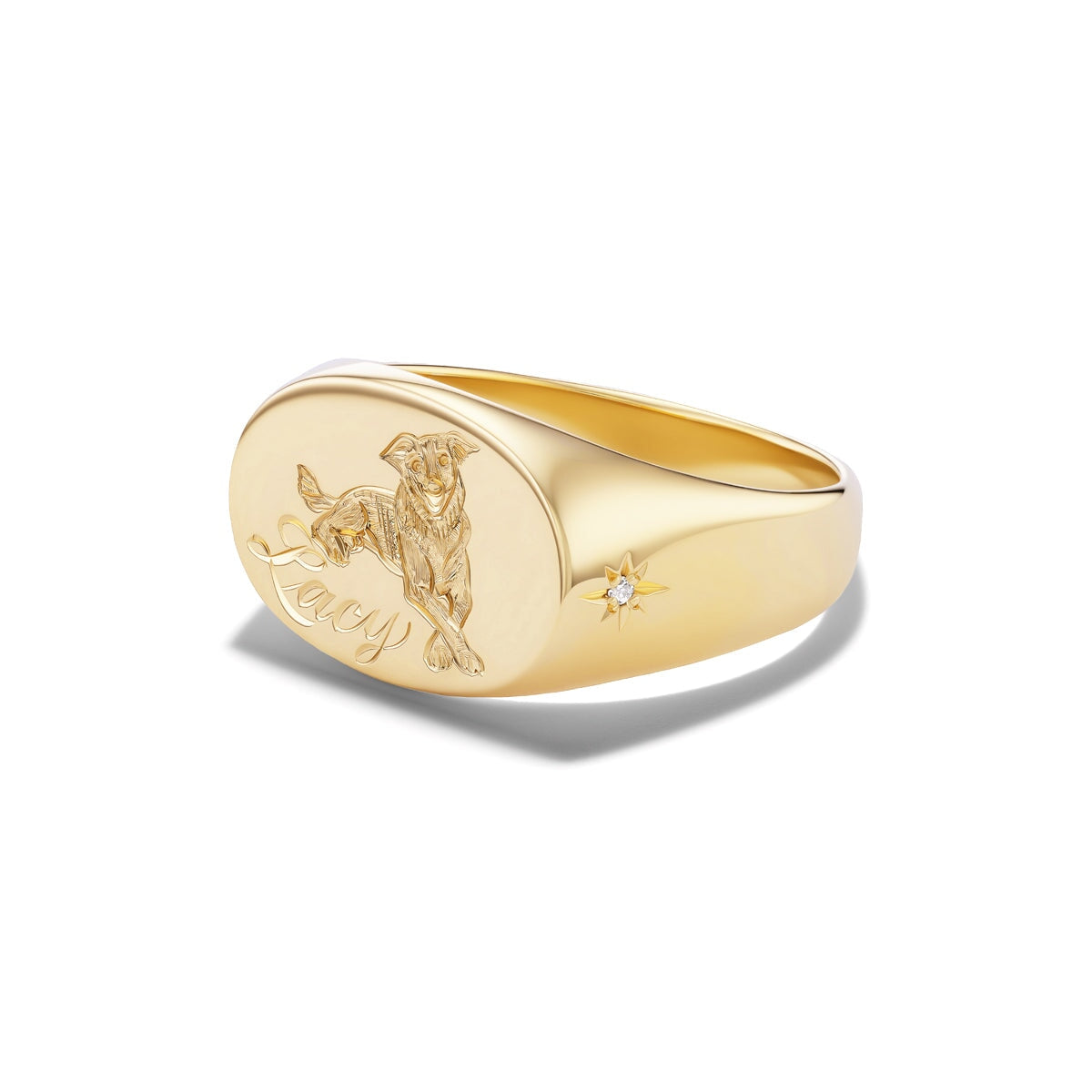 14k solid gold personalized Oval Signet with Hand Engraved Pet ring with a custom hand-engraved pet portrait