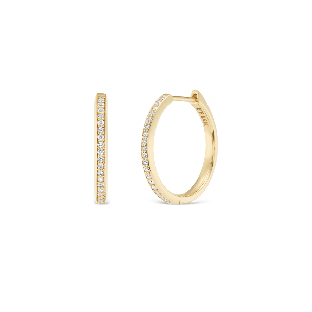 14k solid yellow gold Signature Diamond Hoops with diamonds along the hoop