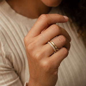 Solid gold ring with 3 rows of pave diamonds and hand applied milgrain detail