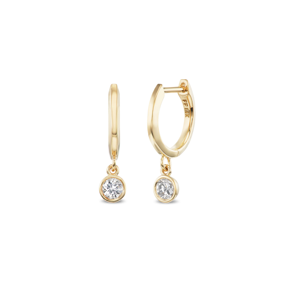 14k solid yellow gold Diamond Cutie Huggies with bezel-set drop diamonds