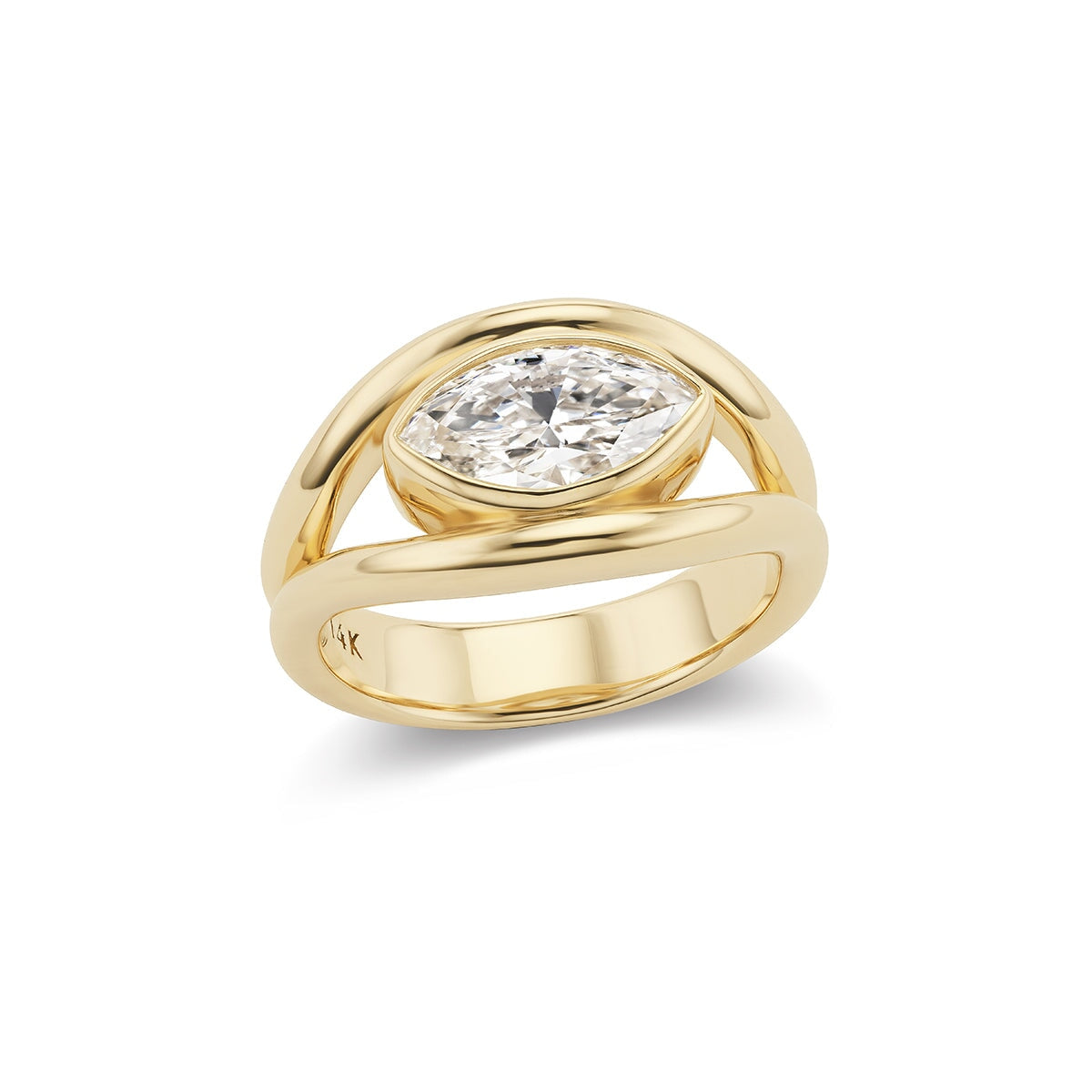 14k solid gold Union engagement ring with a bezel-set diamond