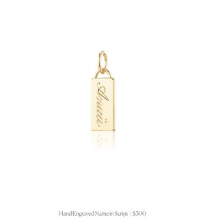 Hand engraved script name on 14k solid gold rectangle charm