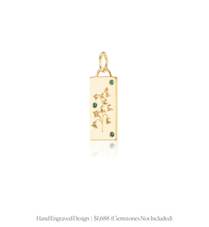 Hand engraved floral design with stones on the 14k solid gold rectangle charm