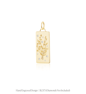 Hand engraved floral design with diamonds on the 14k solid gold rectangle charm