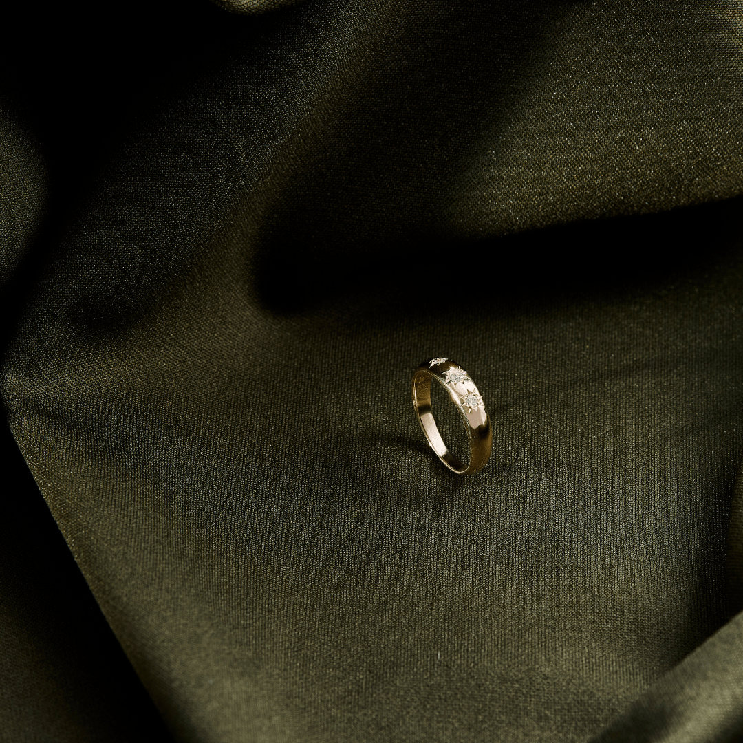 14k solid gold engravable Crescent Ring with three star-set diamonds