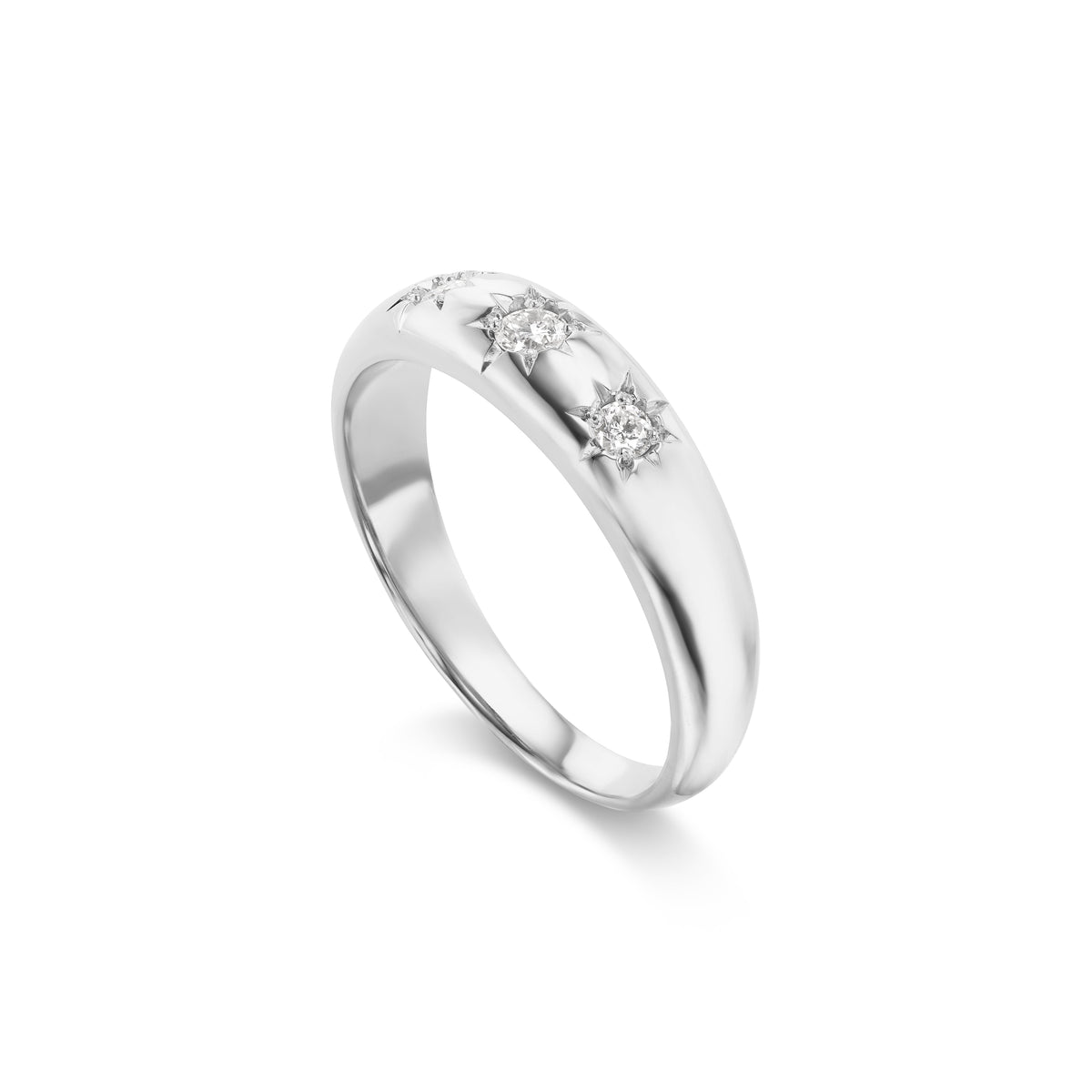 14k solid gold engravable Crescent Ring with three star-set diamonds
