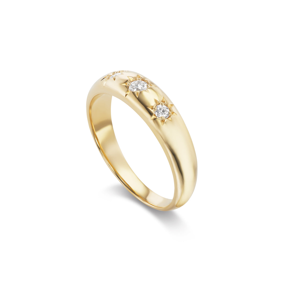 14k solid gold engravable Crescent Ring with three star-set diamonds