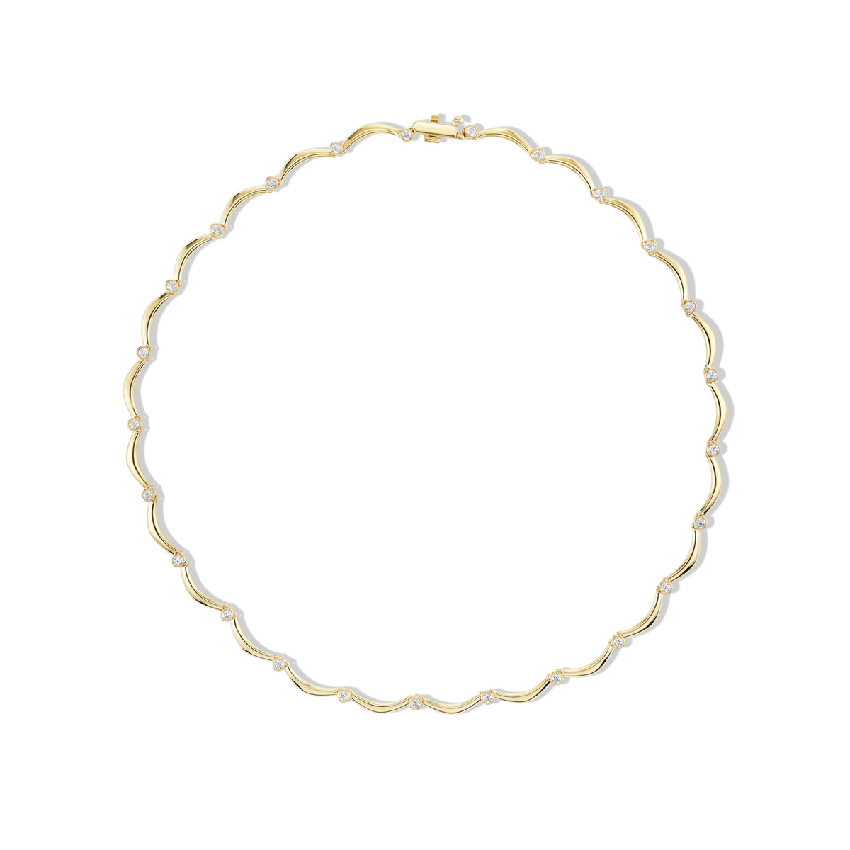 14k solid gold Diamond Coupe Necklace with bezel-set diamonds along the chain