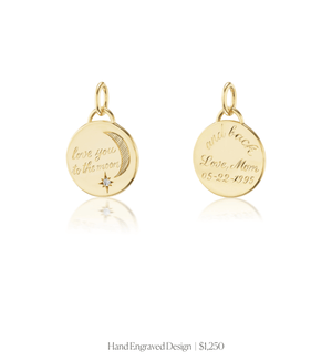 Hand engraved design on the front and back of the 14k solid gold circle charm