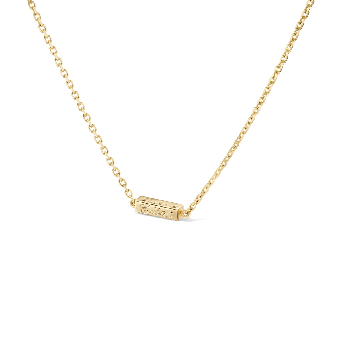 14k solid gold engravable Butter Necklace with a smooth bar pendant