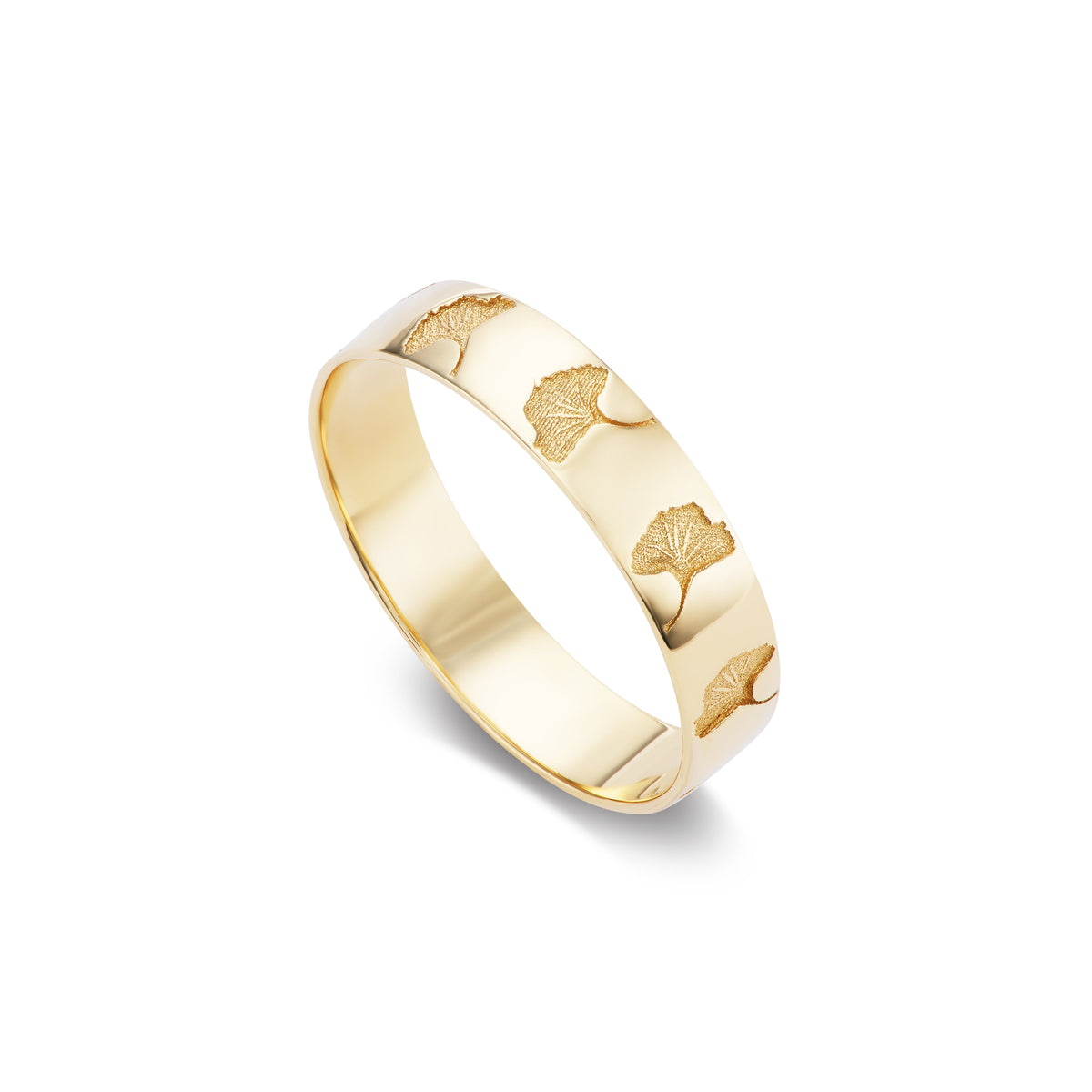 14k solid gold Ginkgo Leaf Ring with ginkgo leaf imprints around the band