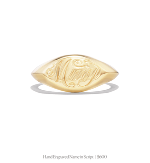 Hand engraved name in script on 14k solid gold marquise shaped signet ring