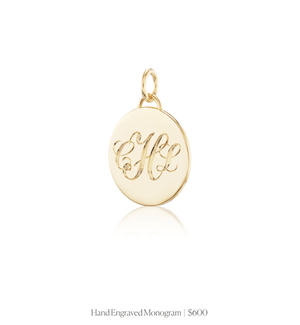 Hand engraved script monogram on the 14k solid gold circle charm