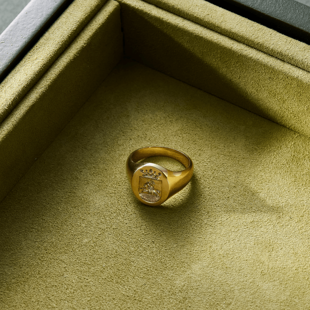 14k solid gold personalized Heritage Signet Ring with custom hand engraving