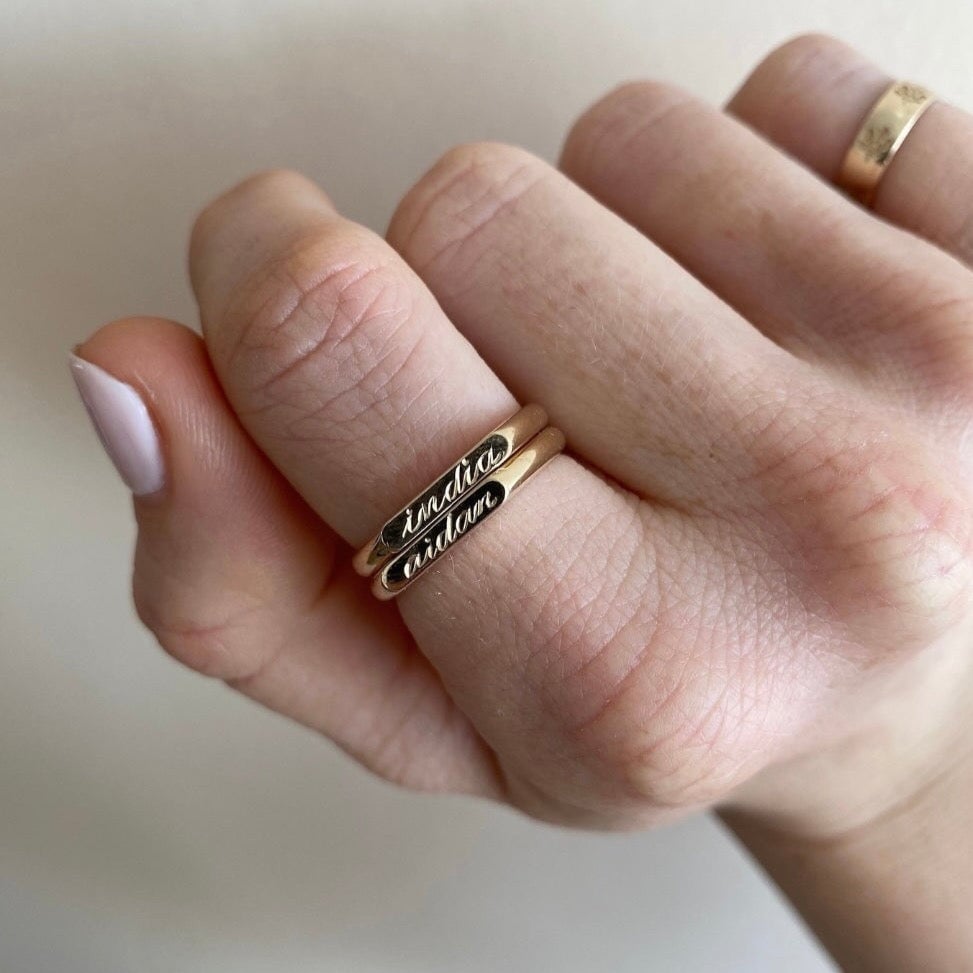 14k solid yellow gold personalized Kismet Signet Ring with custom hand engraving, in 2.5mm