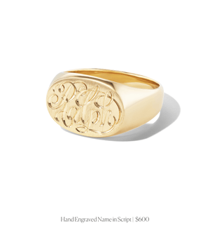 Hand engraved name in script on 14k solid gold oval signet ring