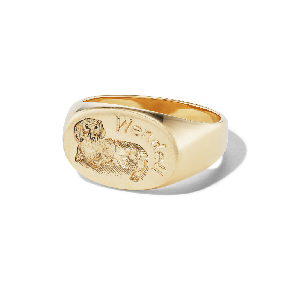 14k solid gold personalized Oval Signet with Hand Engraved Pet ring with a custom hand-engraved pet portrait