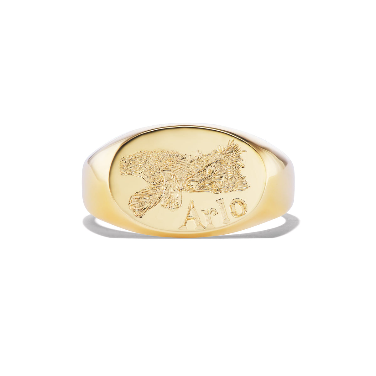 14k solid gold personalized Oval Signet with Hand Engraved Pet ring with a custom hand-engraved pet portrait