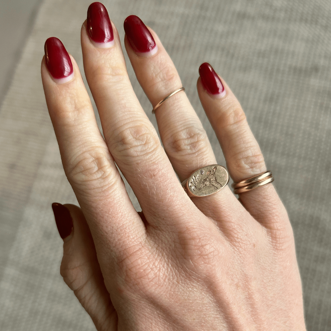 14k solid gold personalized Oval Signet with Hand Engraved Pet ring with a custom hand-engraved pet portrait