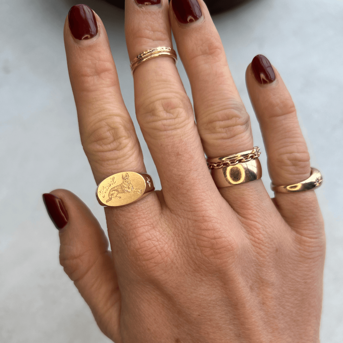 14k solid gold personalized Oval Signet with Hand Engraved Pet ring with a custom hand-engraved pet portrait