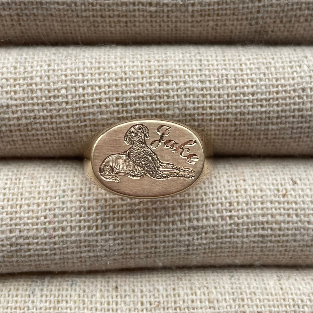 14k solid gold personalized Oval Signet with Hand Engraved Pet ring with a custom hand-engraved pet portrait