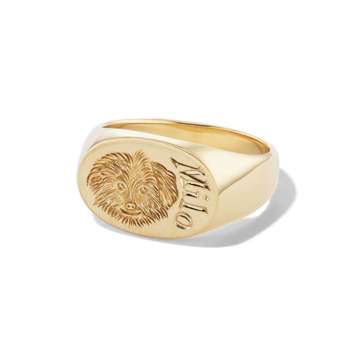 14k solid gold personalized Oval Signet with Hand Engraved Pet ring with a custom hand-engraved pet portrait