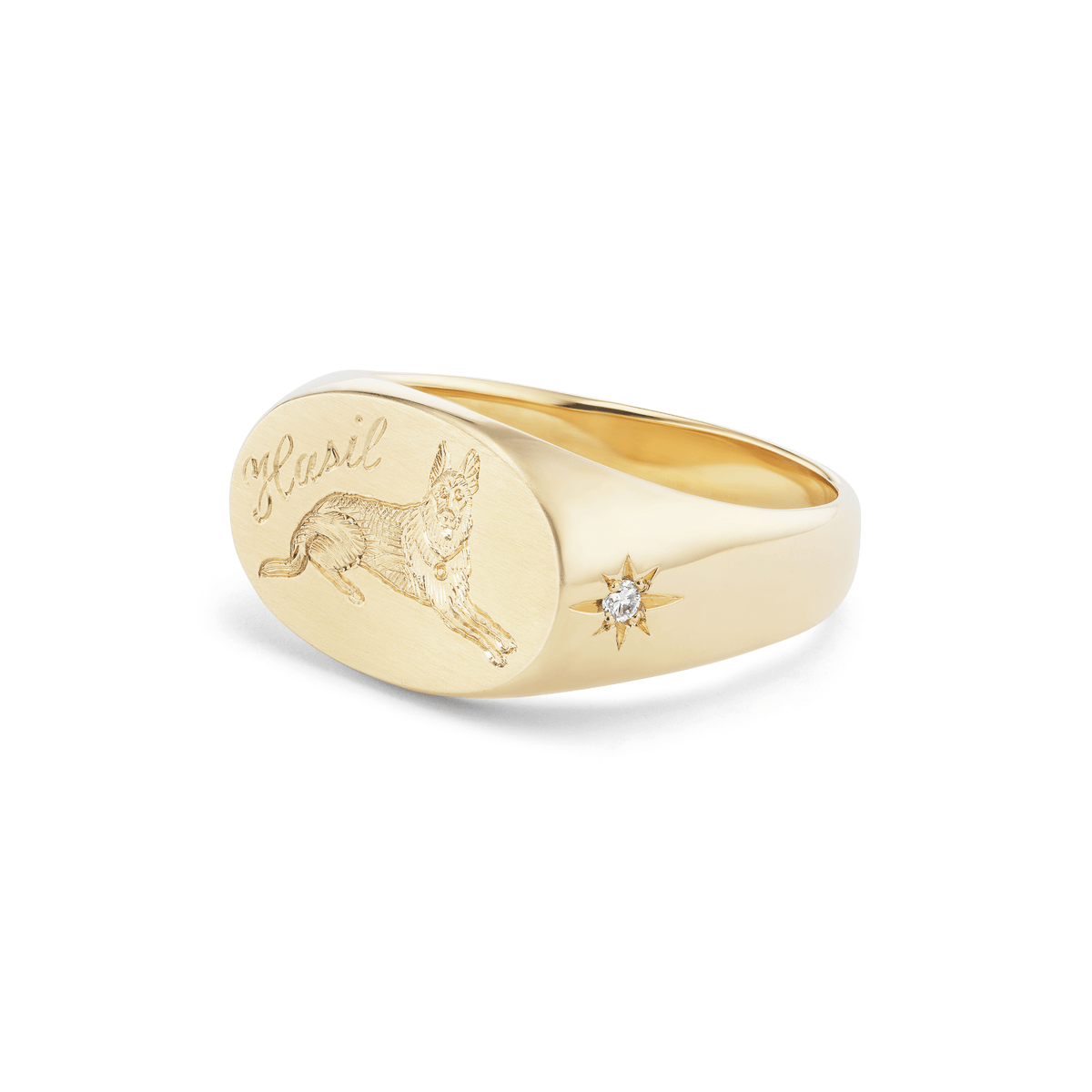 14k solid gold personalized Oval Signet with Hand Engraved Pet ring with a custom hand-engraved pet portrait