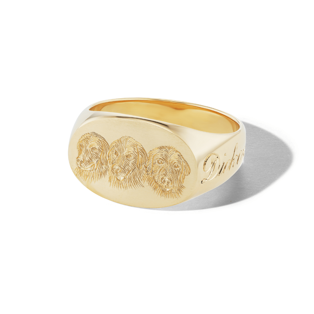 14k solid gold personalized Oval Signet with Hand Engraved Pet ring with a custom hand-engraved pet portrait