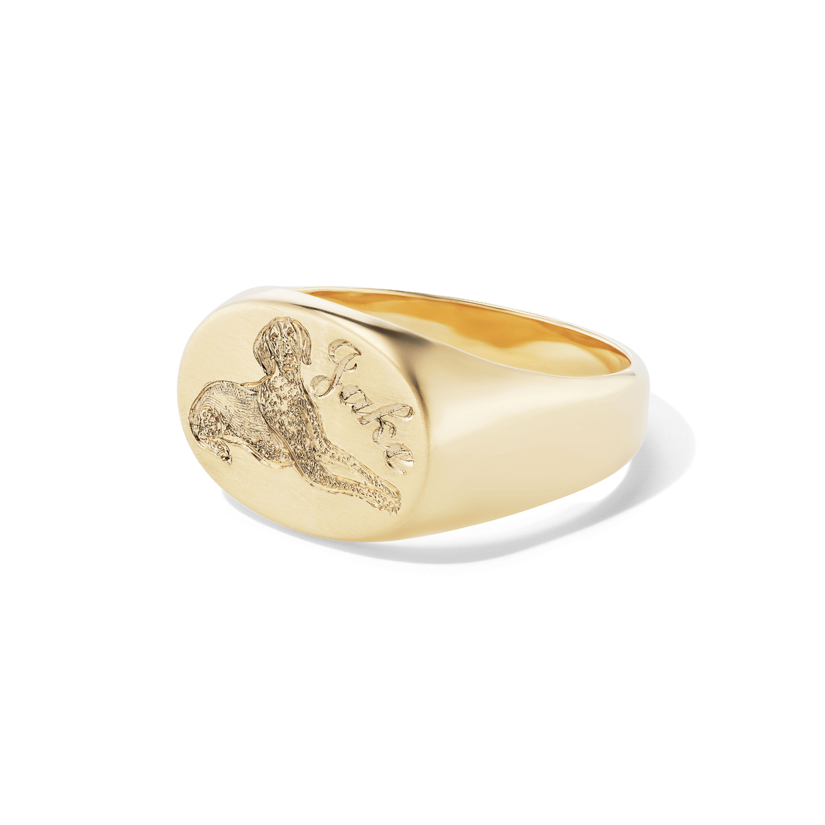 14k solid gold personalized Oval Signet with Hand Engraved Pet ring with a custom hand-engraved pet portrait