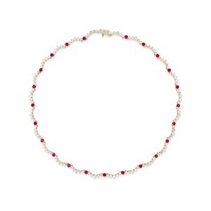 14k yellow gold scalloped tennis necklace with diamonds and rubies