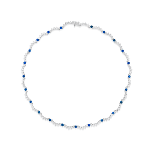 14k white gold scalloped tennis necklace with diamonds and sapphires