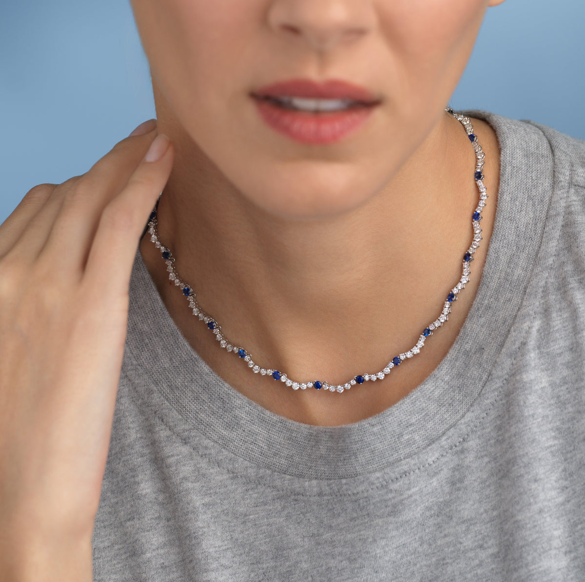 14k solid gold Scalloped Tennis Necklace in a scalloped diamond link